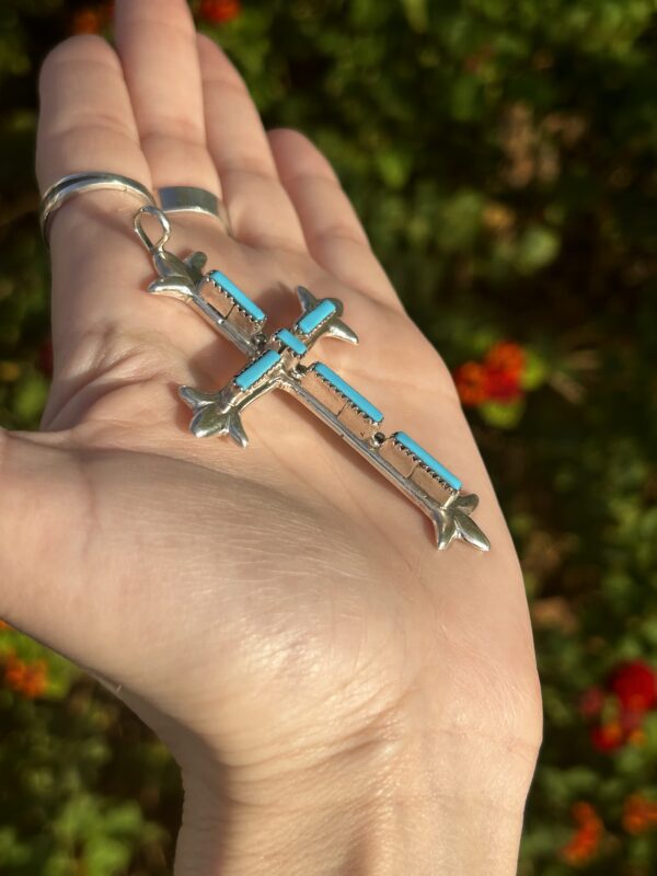 Large Sterling Silver Sleeping Beauty Turquoise Cross Pendant with Chain - Image 7