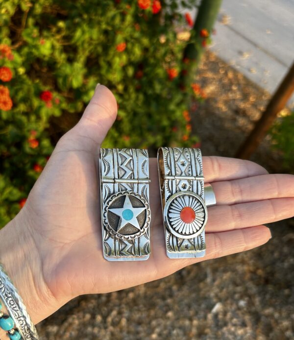 Money Clips, Sterling Silver Turquoise and Coral Navajo handmade