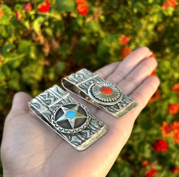 Money Clips, Sterling Silver Turquoise and Coral Navajo handmade - Image 5