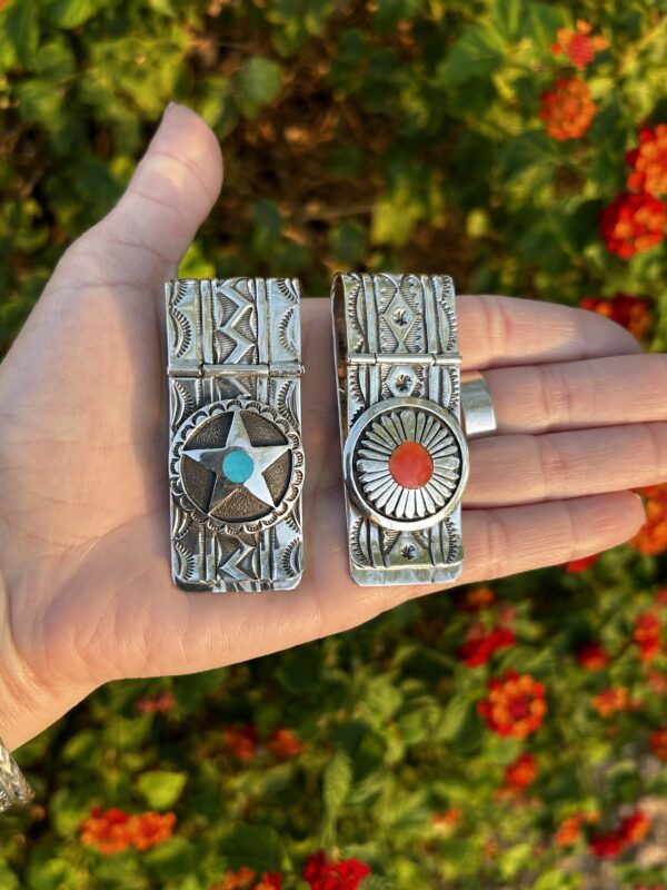 Money Clips, Sterling Silver Turquoise and Coral Navajo handmade - Image 2