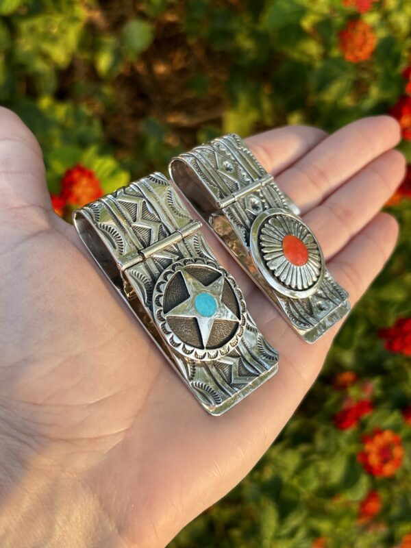 Money Clips, Sterling Silver Turquoise and Coral Navajo handmade - Image 4