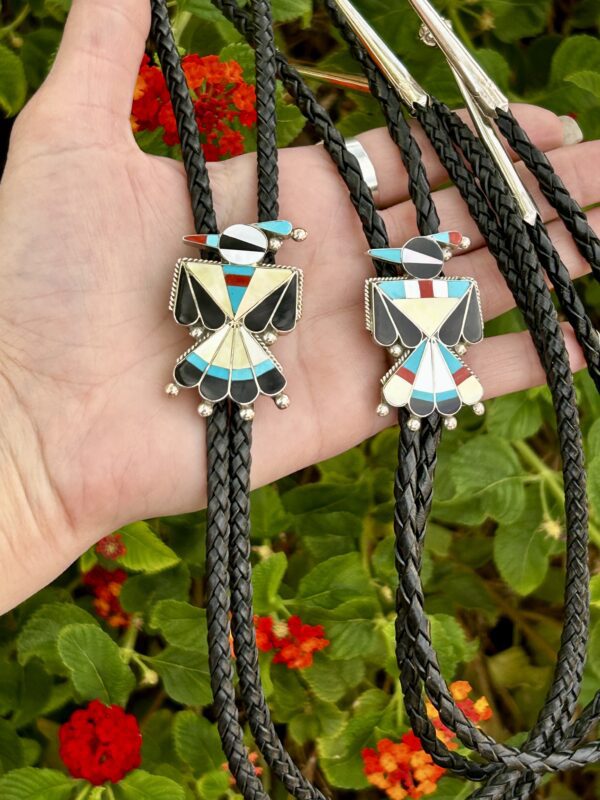 Zuni Inlay Mother of Pearl Thunderbirds Sterling Silver Bolo Ties - Image 9