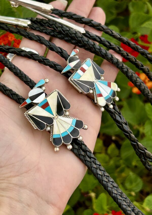 Zuni Inlay Mother of Pearl Thunderbirds Sterling Silver Bolo Ties - Image 7