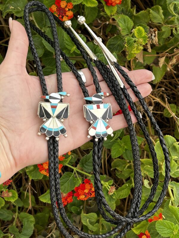 Zuni Inlay Mother of Pearl Thunderbirds Sterling Silver Bolo Ties