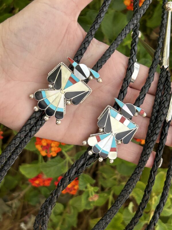 Zuni Inlay Mother of Pearl Thunderbirds Sterling Silver Bolo Ties - Image 2