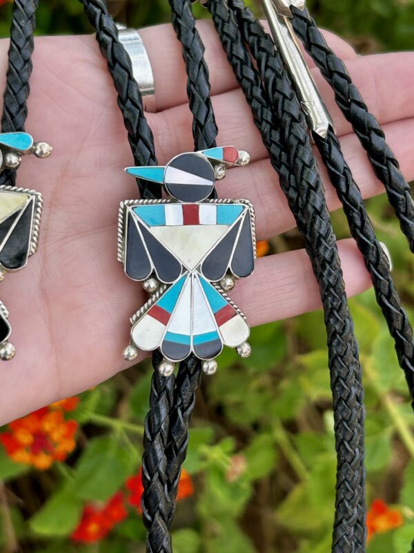 Zuni Inlay Mother of Pearl Thunderbirds Sterling Silver Bolo Ties - Image 4