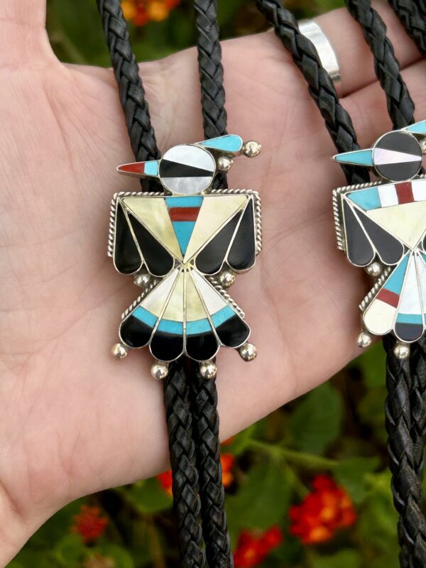 Zuni Inlay Mother of Pearl Thunderbirds Sterling Silver Bolo Ties - Image 3