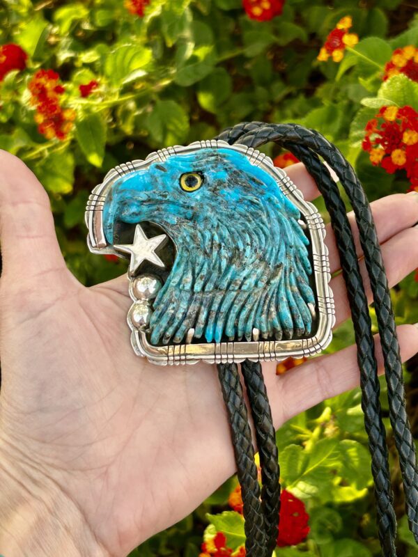 Large Kingman Turquoise Carved Heavy Sterling Silver Eagle Head Bolo Tie