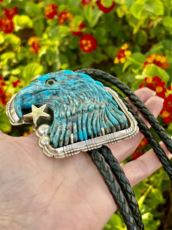 Large Kingman Turquoise Carved Heavy Sterling Silver Eagle Head Bolo Tie - Image 9