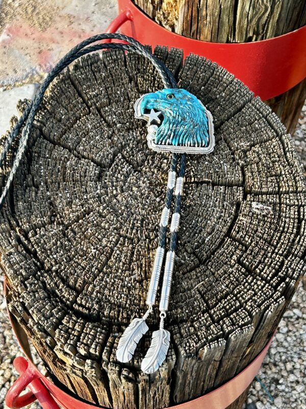 Large Kingman Turquoise Carved Heavy Sterling Silver Eagle Head Bolo Tie - Image 4