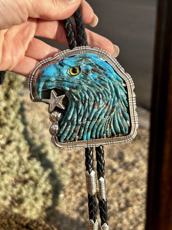 Large Kingman Turquoise Carved Heavy Sterling Silver Eagle Head Bolo Tie - Image 2