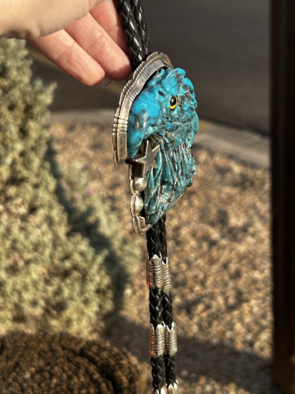 Large Kingman Turquoise Carved Heavy Sterling Silver Eagle Head Bolo Tie - Image 3