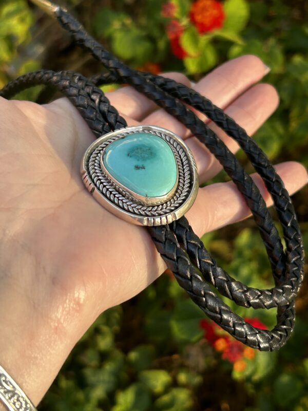 Navajo Handmade Sterling Silver Colorado Turquoise Bolo Tie - Image 8