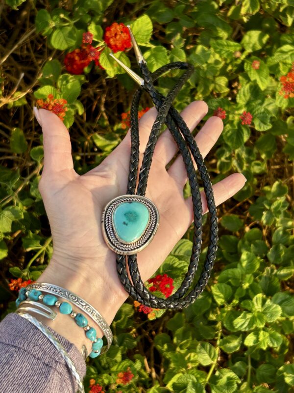 Navajo Handmade Sterling Silver Colorado Turquoise Bolo Tie - Image 2