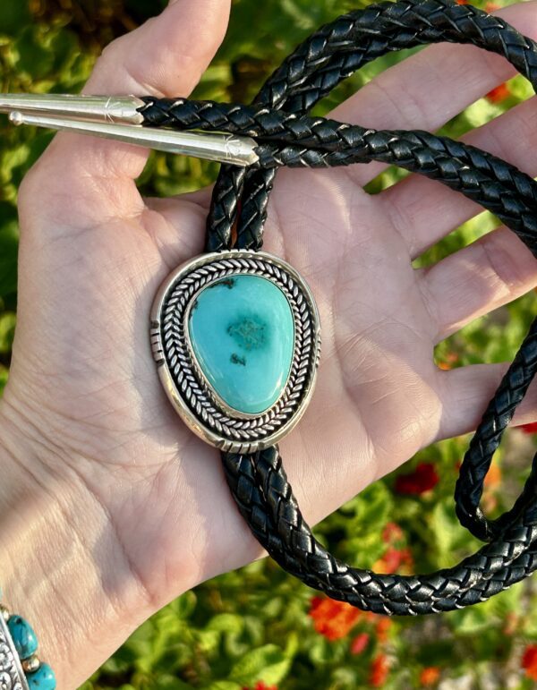 Navajo Handmade Sterling Silver Colorado Turquoise Bolo Tie - Image 3