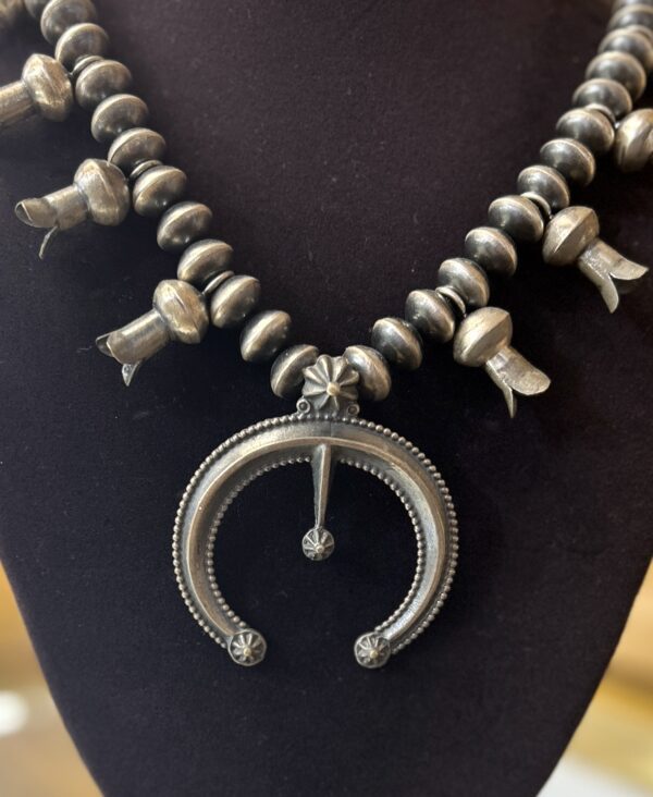 Antiqued Sterling Silver Navajo Squash Blossom Necklace - Image 3