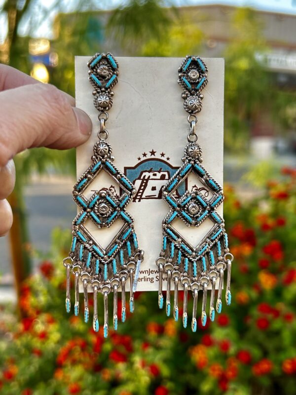 Sleeping Beauty Turquoise Needlepoint Sterling Silver Long Chandelier Earrings - Image 8