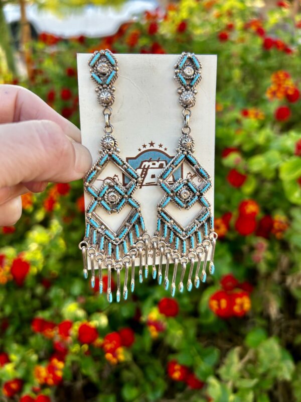 Sleeping Beauty Turquoise Needlepoint Sterling Silver Long Chandelier Earrings