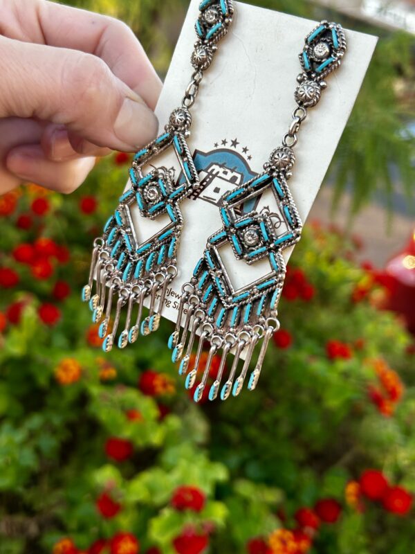 Sleeping Beauty Turquoise Needlepoint Sterling Silver Long Chandelier Earrings - Image 6