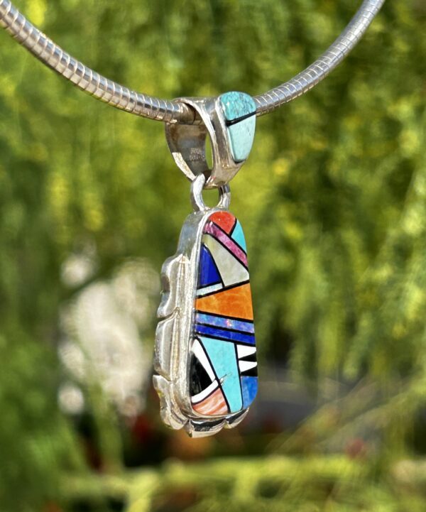 Navajo Multistone Inlay Opal Sterling Silver Lapis, Turquoise, Pendant - Image 7