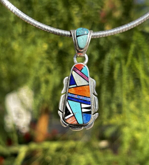 Navajo Multistone Inlay Opal Sterling Silver Lapis, Turquoise, Pendant - Image 6