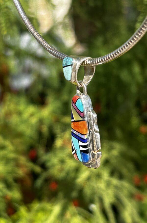 Navajo Multistone Inlay Opal Sterling Silver Lapis, Turquoise, Pendant - Image 3