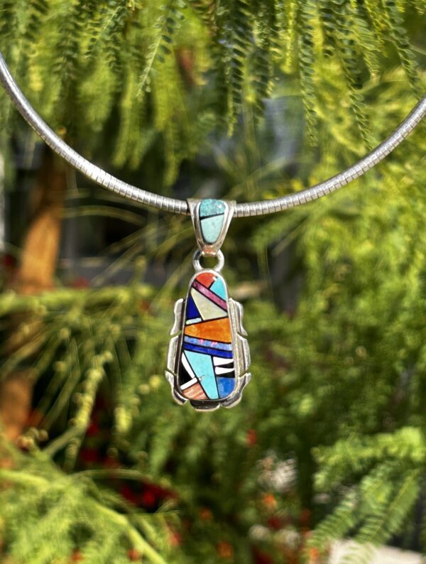 Navajo Multistone Inlay Opal Sterling Silver Lapis, Turquoise, Pendant - Image 5