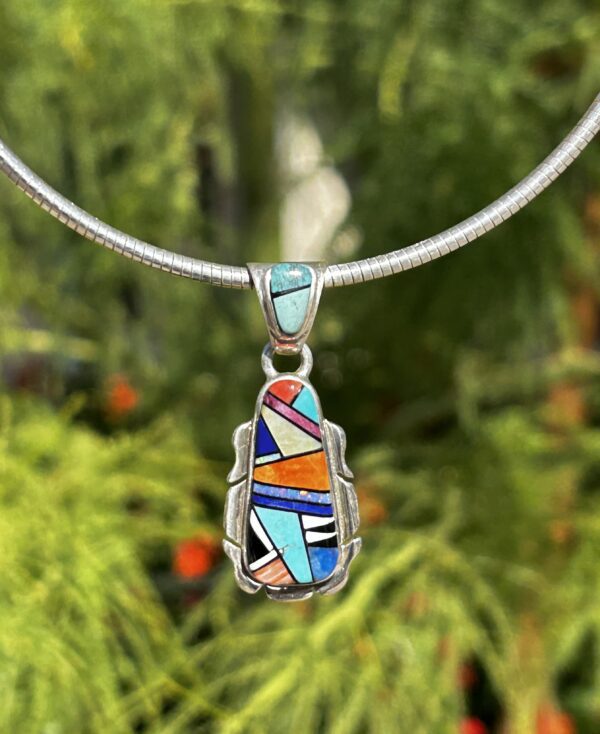 Navajo Multistone Inlay Opal Sterling Silver Lapis, Turquoise, Pendant - Image 2