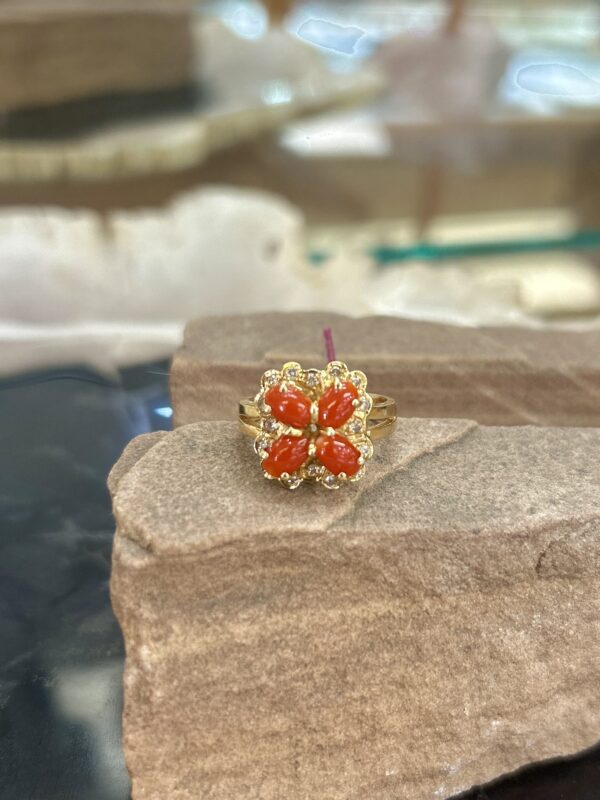 High Grade Coral Solid 14Kt Gold Diamond Ring