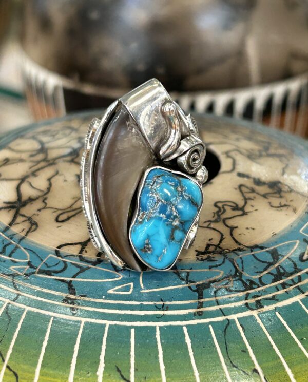 Blue Nevada Turquoise Sterling Silver Real Bear Claw Mens/Womens Navajo Handmade Ring - Image 2