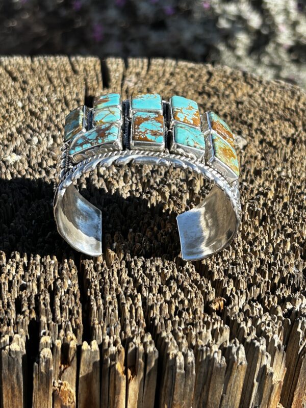 Multistone Turquoise Inlay Sterling Silver Heavy Cuff Bracelet by Henry Yazzie - Image 10