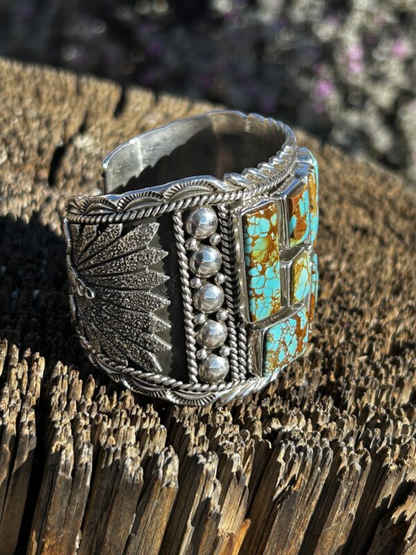 Multistone Turquoise Inlay Sterling Silver Heavy Cuff Bracelet by Henry Yazzie - Image 7