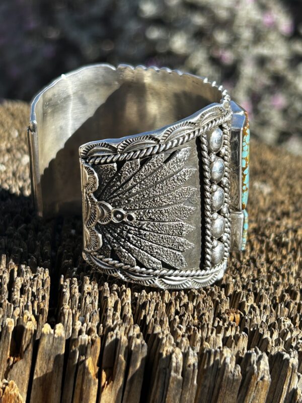 Multistone Turquoise Inlay Sterling Silver Heavy Cuff Bracelet by Henry Yazzie - Image 6