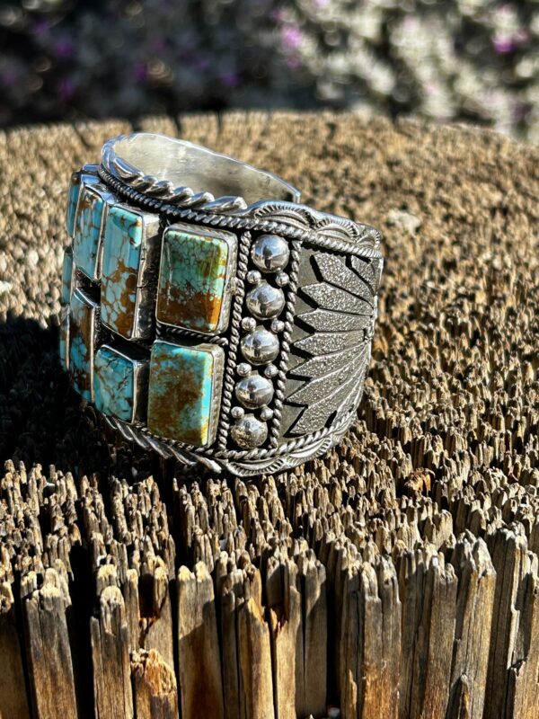 Multistone Turquoise Inlay Sterling Silver Heavy Cuff Bracelet by Henry Yazzie - Image 4