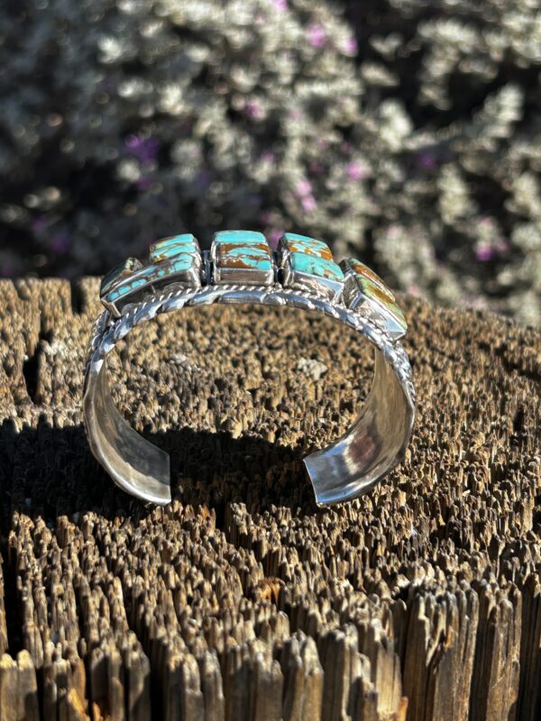 Multistone Turquoise Inlay Sterling Silver Heavy Cuff Bracelet by Henry Yazzie - Image 8