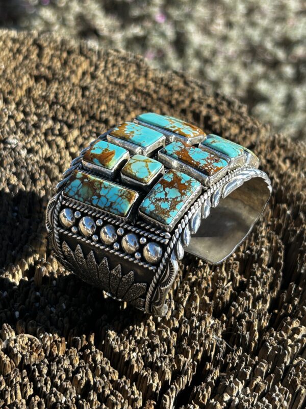 Multistone Turquoise Inlay Sterling Silver Heavy Cuff Bracelet by Henry Yazzie - Image 3