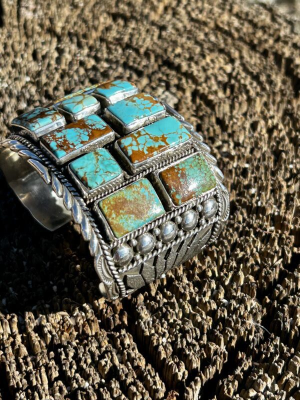 Multistone Turquoise Inlay Sterling Silver Heavy Cuff Bracelet by Henry Yazzie