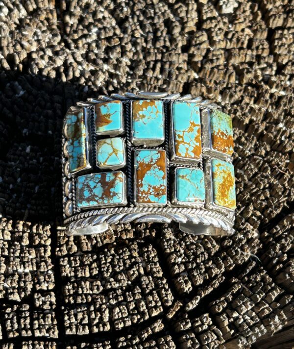 Multistone Turquoise Inlay Sterling Silver Heavy Cuff Bracelet by Henry Yazzie - Image 2