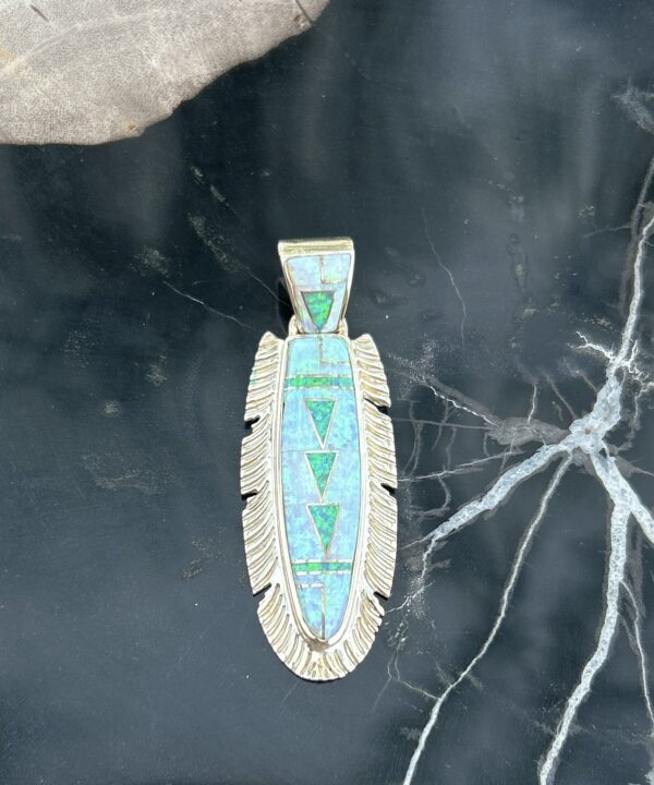 Opal Inlay Sterling Silver Navajo Handmade Feather Pendant with Sterling Silver Chain - Image 9