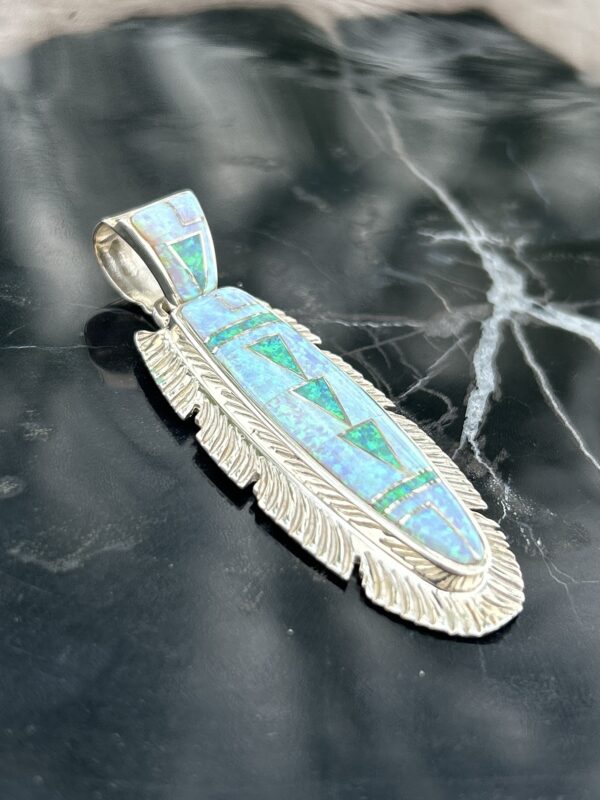 Opal Inlay Sterling Silver Navajo Handmade Feather Pendant with Sterling Silver Chain - Image 3