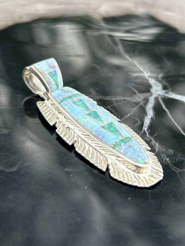 Opal Inlay Sterling Silver Navajo Handmade Feather Pendant with Sterling Silver Chain - Image 7