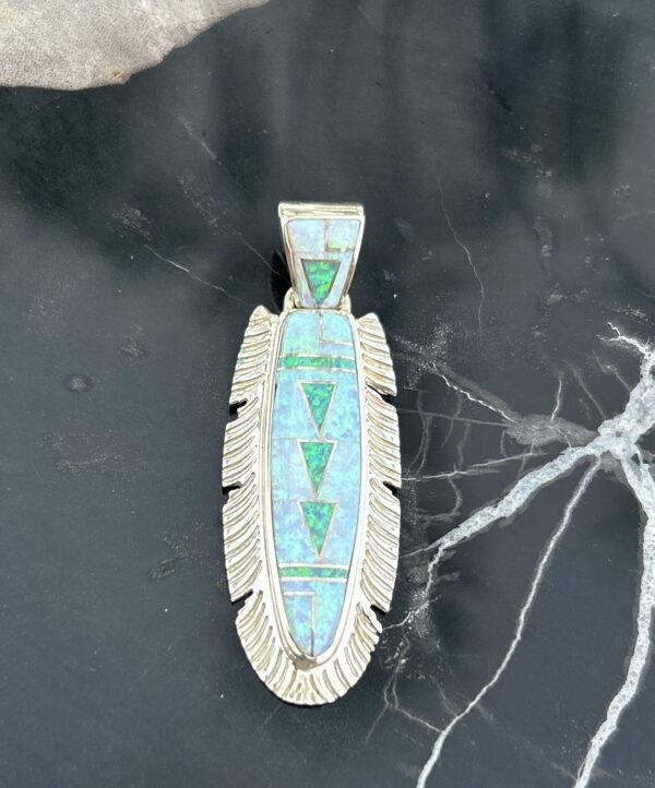 Opal Inlay Sterling Silver Navajo Handmade Feather Pendant with Sterling Silver Chain - Image 8