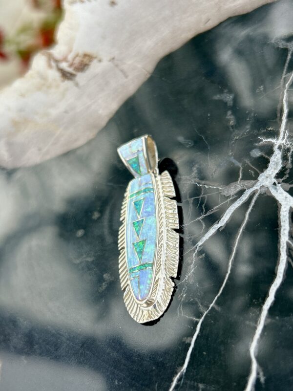 Opal Inlay Sterling Silver Navajo Handmade Feather Pendant with Sterling Silver Chain - Image 4