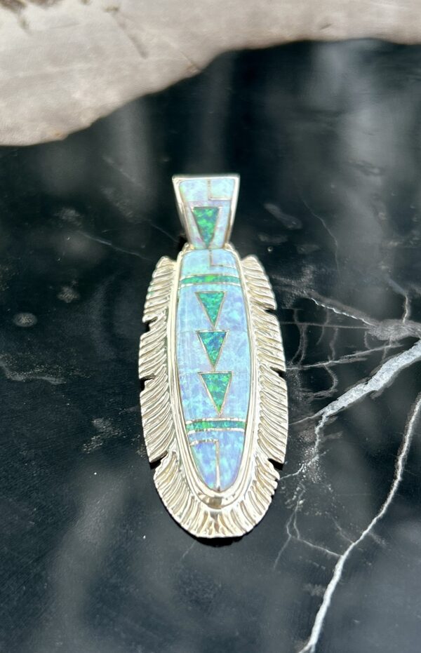 Opal Inlay Sterling Silver Navajo Handmade Feather Pendant with Sterling Silver Chain - Image 6