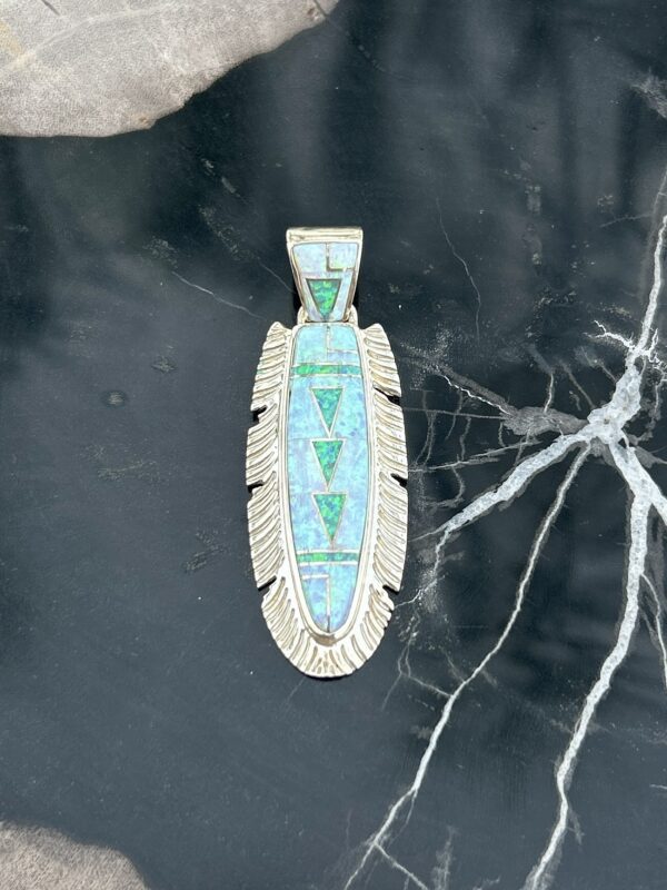 Opal Inlay Sterling Silver Navajo Handmade Feather Pendant with Sterling Silver Chain