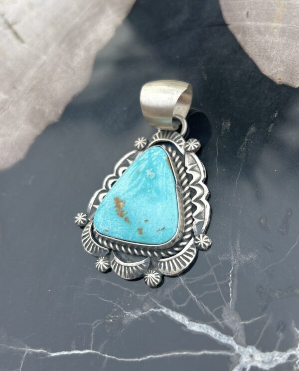 Blue Sonoran Turquoise Sterling Silver Navajo Pendant - Image 4