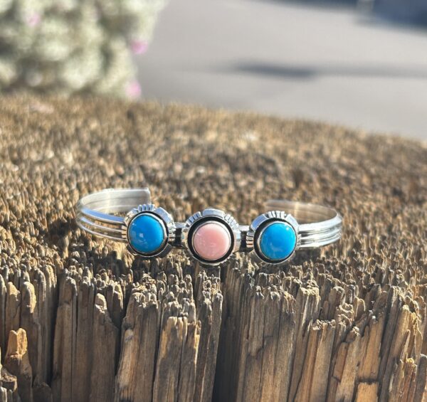 Pink Queen Conch Shell with Turquoise Sterling Silver Navajo Cuff Bracelet