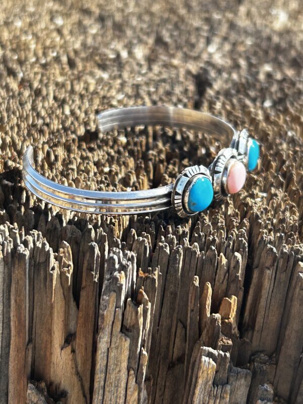 Pink Queen Conch Shell with Turquoise Sterling Silver Navajo Cuff Bracelet - Image 6