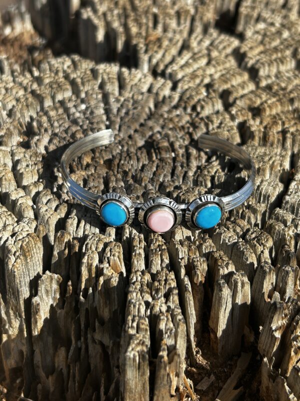 Pink Queen Conch Shell with Turquoise Sterling Silver Navajo Cuff Bracelet - Image 3