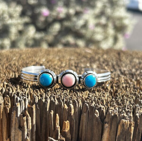 Pink Queen Conch Shell with Turquoise Sterling Silver Navajo Cuff Bracelet - Image 2